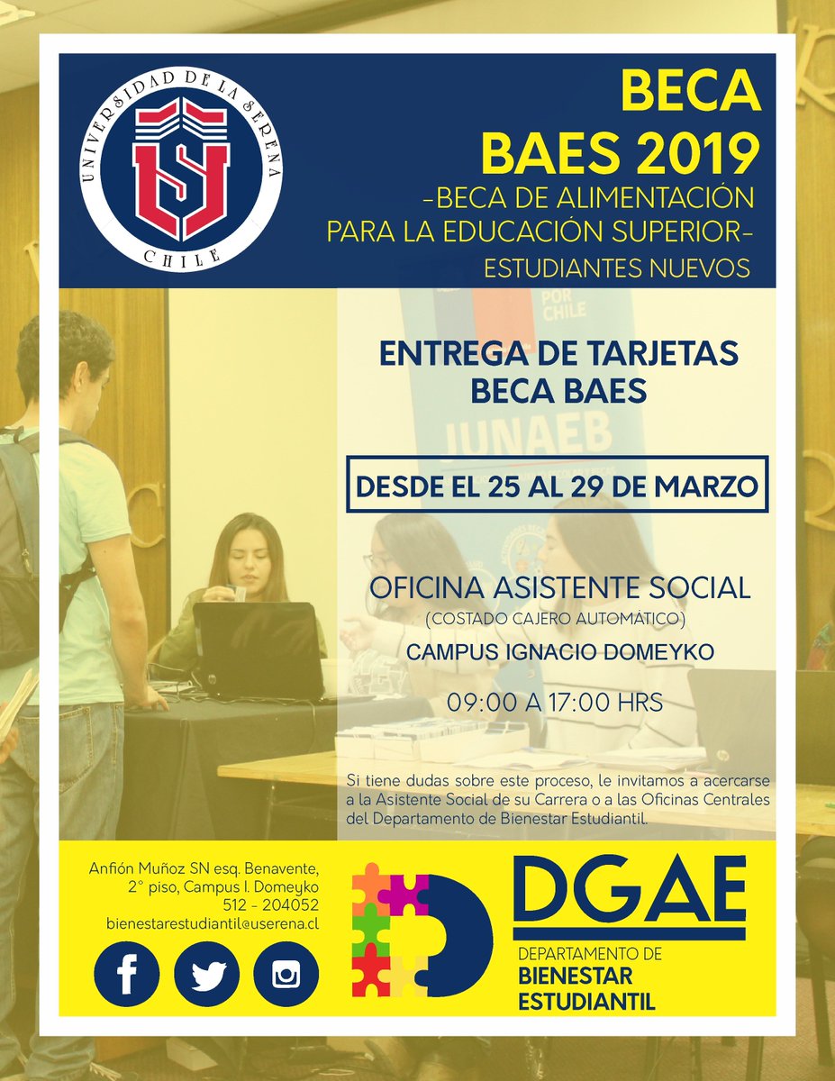 ULS_DGAE's tweet photo. 📢ATENCIÓN📢 👀 Se realizará la entrega de las tarjetas de la Beca BAES a los alumnos nuevos!!! 👈 👨💻👩💻. 🧐 Sólo alumnos nuevos!!!👍😁👏 @userena #beneficiosestudiantiles #BecaBAES #VidaUniversitariaULS #LaSerena #Coquimbo #Ovalle #ULS https://t.co/q8Vc9RI68w