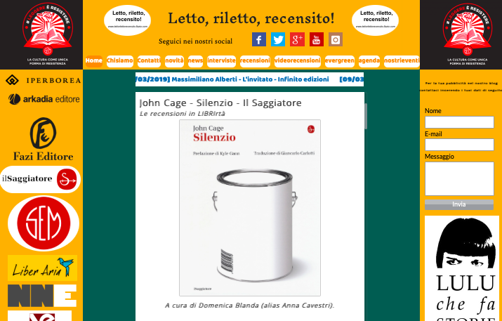 LettoRilettoRec's tweet photo. #LerecensioniinLIBRIrtà, questa settimana è per @ilSaggiatoreEd  con 
John Cage, Silenzio.

https://t.co/cDDuocP1yE

@CasaLettori 
@CasaScrittori 
@LuciaLibri 
@SalaLettura 
@LibroeTe 
@lascalzo 
@angelo_cennamo 
@annaardissone 
@bluemaryn https://t.co/Epmd2d6FEG
