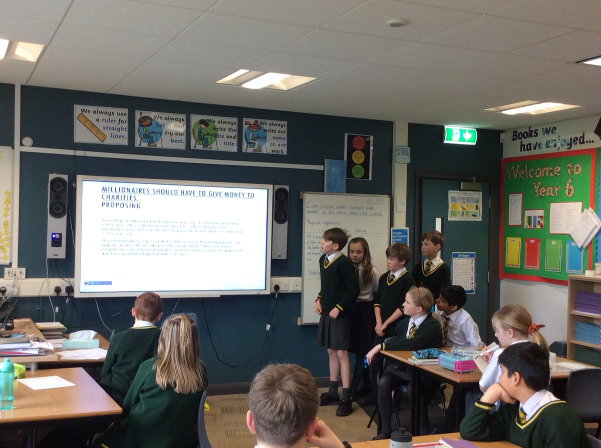 MissLawEPS4's tweet photo. A fantastic balanced argument presented by our first group - should millionaires have to give money to charity? #primaryenglish #balancedarguments #debating https://t.co/zFLU8DMwig