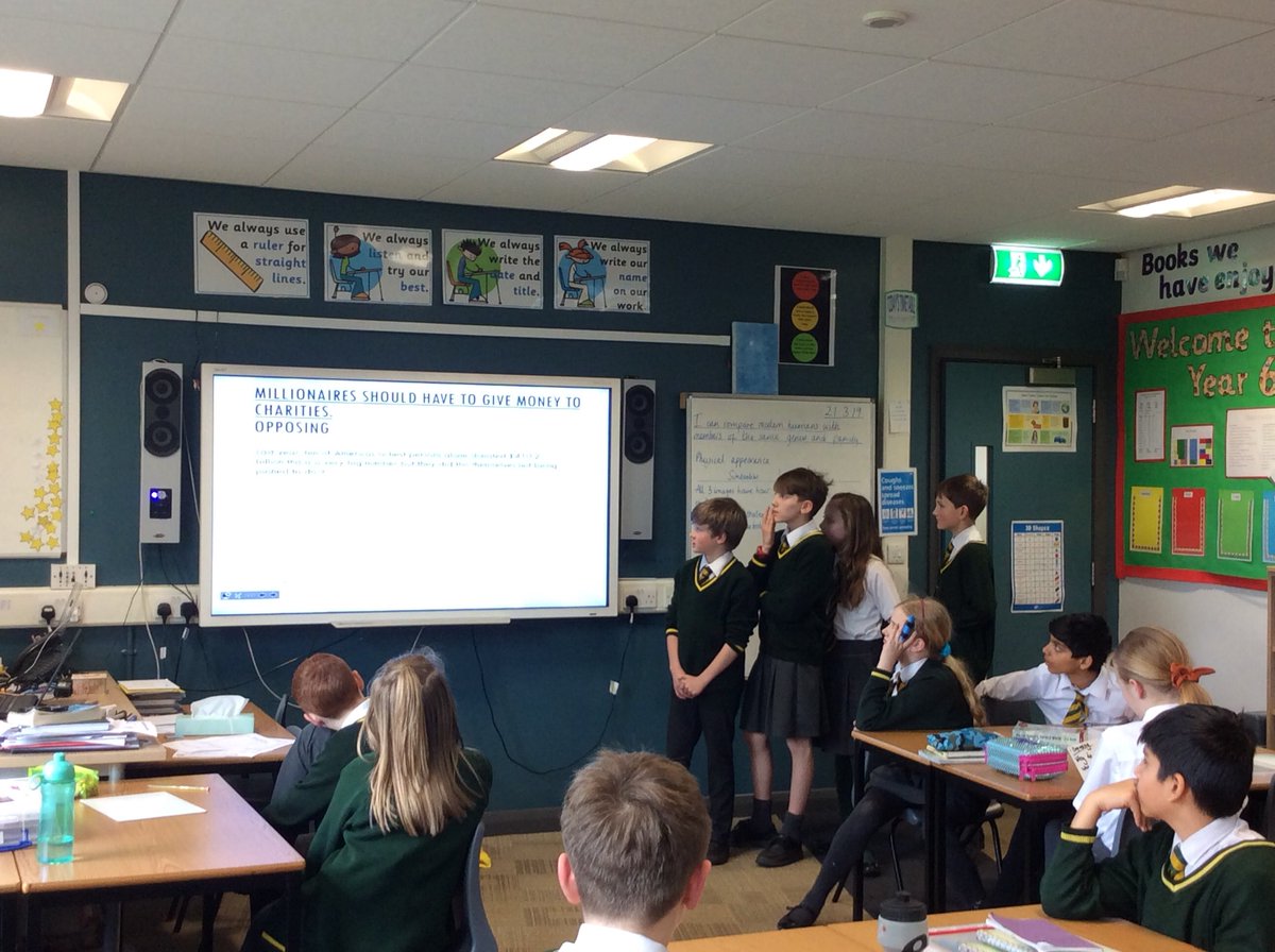 MissLawEPS4's tweet photo. A fantastic balanced argument presented by our first group - should millionaires have to give money to charity? #primaryenglish #balancedarguments #debating https://t.co/zFLU8DMwig