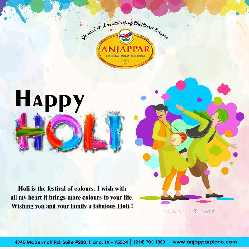 Anjapparplano's tweet photo. Holi is the festival of colours. I wish with
all my heart it brings more colours to your life.
Wishing you and your family a fabulous Holi.!

Visit Us: https://t.co/5gsyl10MIp
#AnjapparChettinad #Plano #Indianrestaurant #family #biryani #pack #specials https://t.co/TjuhO0af8V