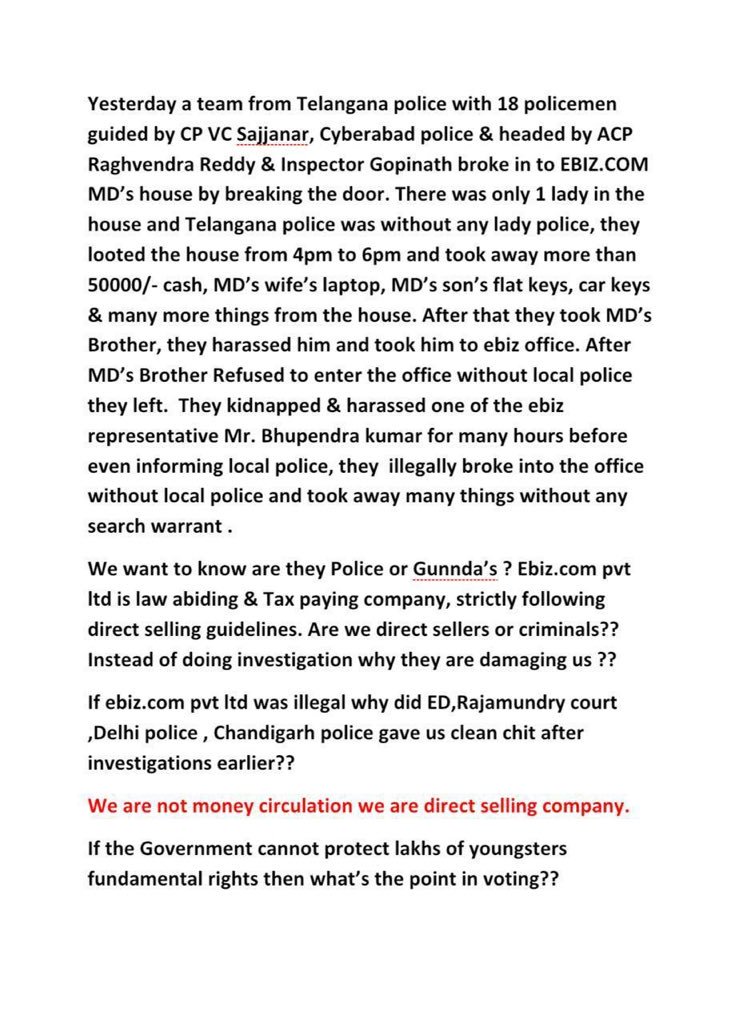 DipaliVachhani's tweet photo. We sincerely want investigation against conduct of Telangana Police by H’rble @KTRTRS @rajnathsingh @arunjaitley @smritiirani @ani @pti @TelanganaDGP @SushmaSwaraj if not heard, 1CR voters directly/indirectly with EBIZ won’t vote &amp; march to jantar mantar. #justice4ebiz #nota https://t.co/dtNp8HQls2