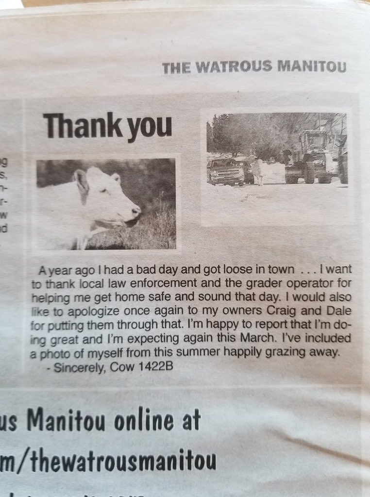 PAgrophysics's tweet photo. This Thank you in Sask hometown paper! Priceless! #saskhumour #loveit #watrousmanitou https://t.co/xYM9CyZNTl