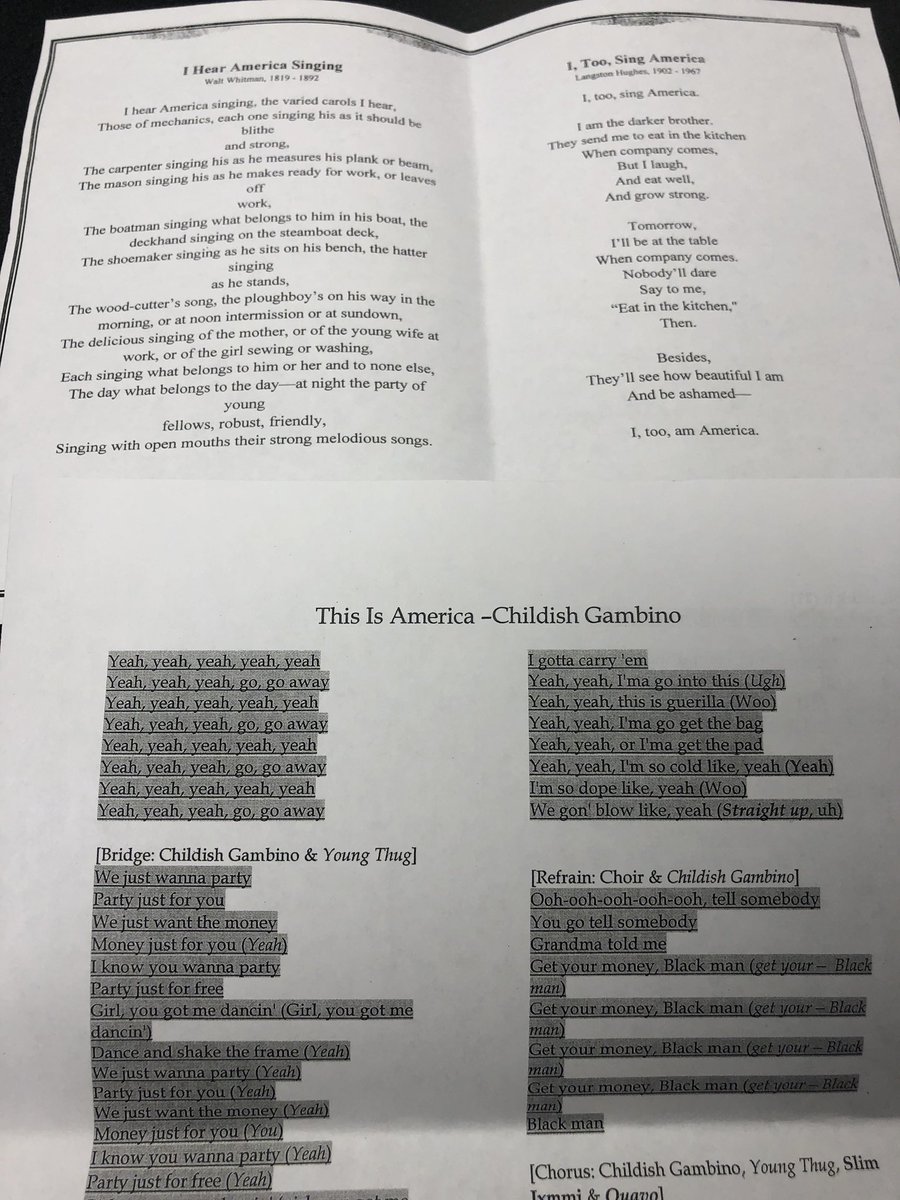 nlmorrow4's tweet photo. Phenomenal close reading going on at @IPS_NorthwestMS comparing and contrasting I Hear America Singing, I, Too Sing America, & This is America! #myips #HighQualityText https://t.co/tVZcipdzpG