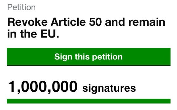 Petition to #RevokeArticle50 crosses the 1,000,000 mark. It’s the third highest signed petition in the history of the website. #PeoplesVote #Brexit