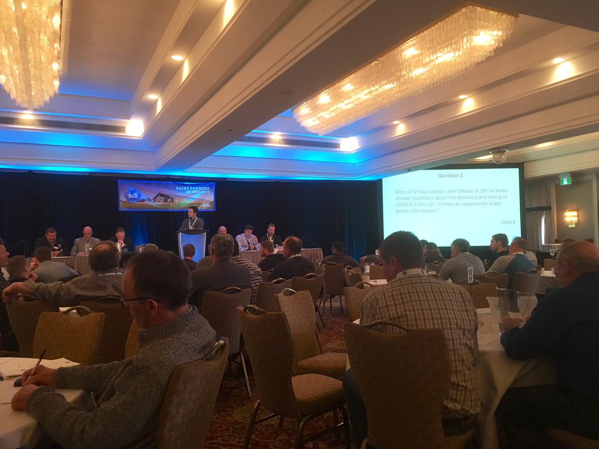 BernieKamphof's tweet photo. Final morning of #DFOSPC2019. Delegates learning government relations, and a presentation on effective social media use. Final session fellow dairy farmer @FarmBoyProd moderating Q&A. My DFO board member @SteveRunnalls answering a question on our quality assurance program. https://t.co/rS8ZHFeXii