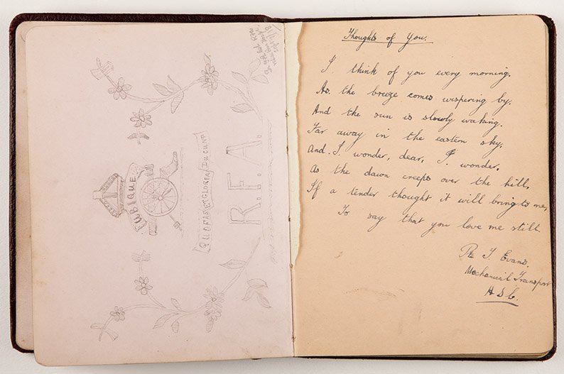 WW1_Diary's tweet photo. This autograph book, once owned by Nurse Marion Walker, holds many poems. On one of the pages is a poem by a Pte. T. Evans. We believe that Marion later married this soldier in 1921. Was the poem written about Marion, we like to think so. #WorldPoetryDay #WW1 @ossettfallen https://t.co/hYzpkggYh8