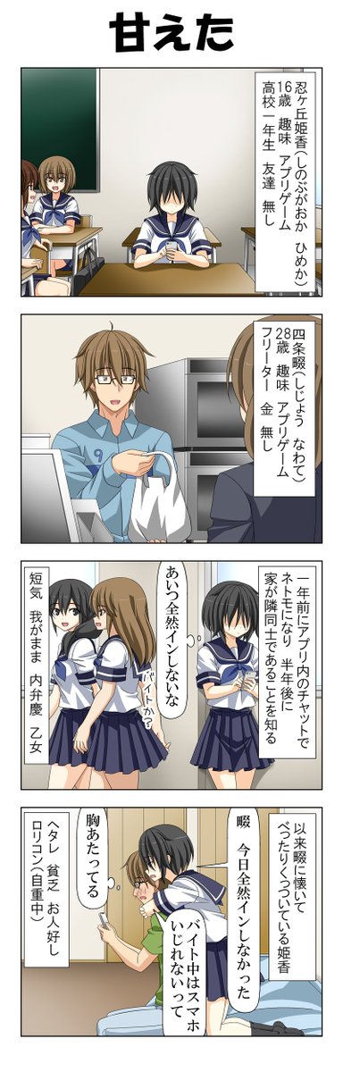 わがまま姫日記 1～4
原案:sahiro 絵:喇叭
メンヘラ女子高生とそのわがままを受け止めるアラサー男の話です。
初回だけ4本セットで、以降は1本ずつの投稿となります。 