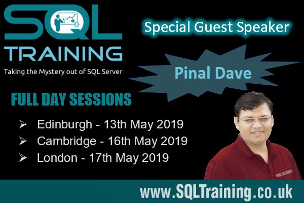 SqltrainingUK's tweet image. Special Event: Guest speaker Pinal Dave (@pinaldave) will be delivering 3 full day sessions in May. Check out our website for details and to Register Interest today.
#pinaldave #sqlauthority #sqltraining