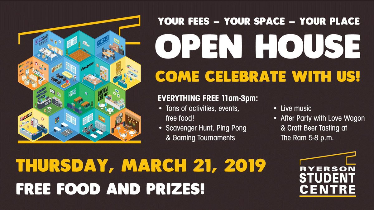 Why now join us for some FREE food and activities? Visit us at <a href="/RSCOnline/">Rye. Student Centre</a> RIGHT NOW! Can't make it? Join our AFTER PARTY at <a href="/RamInTheRye/">Ram In The Rye</a> from 5-8PM, there's craft beer tasting and a performance by <a href="/LoveWagon_/">Love Wagon</a> !