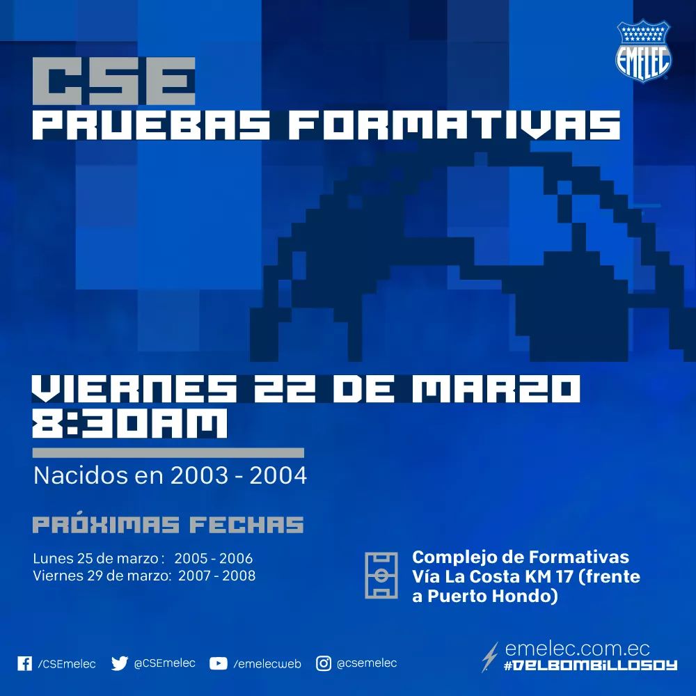 TribunaElec's tweet photo. 💙¡PILAS HINCHAS AZULES!💙
MAÑANA se realizarán las pruebas para ingresar a las formativas del mes de marzo, categorías 2003-2004. #FormativasCSE #TribunaElectrica #Emelec https://t.co/dkgDqH5oNs https://t.co/0dEF85PYoO