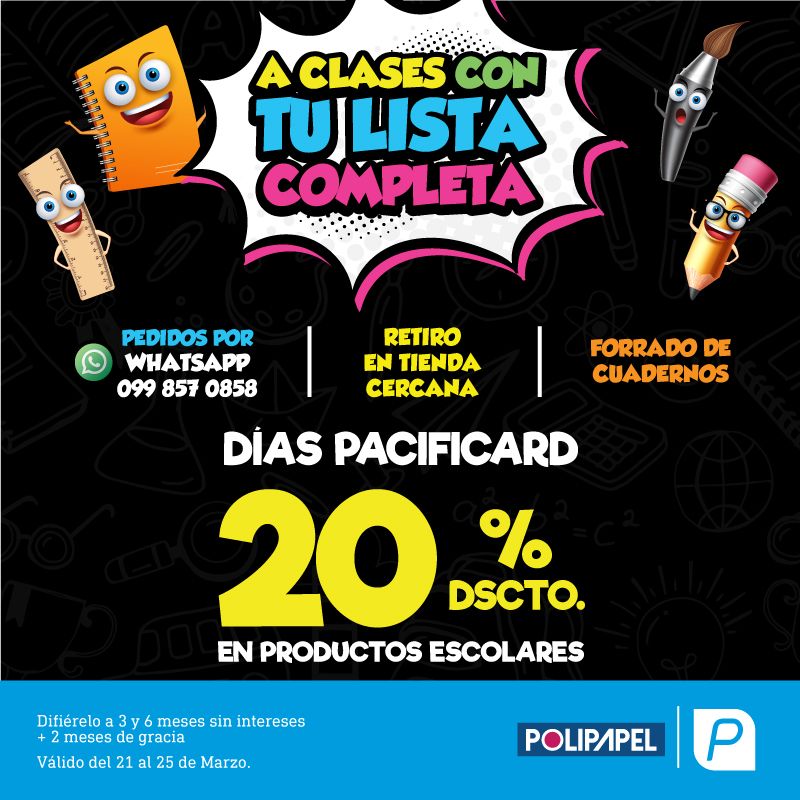 Polipapel_ec's tweet photo. ¡Días Pacificard en #Polipapel!
20% dscto. en productos escolares.

Regresa a clases con tu lista completa y con los mejores beneficios! 😃🙌🏼

Te esperamos en todas nuestras tiendas.
Válido hasta el 25 de Marzo. https://t.co/4JbX5S83eI