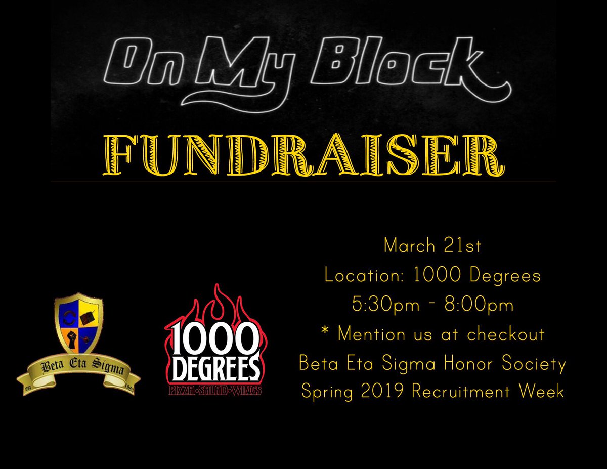 BetaEtaSigma's tweet photo. 😊Come out from 5:30pm -8:00pm tonight to 1000 Degrees 🍕 and socialize with current Beta Eta members ‼️Make sure to mention Beta Eta Sigma when you order to help us fundraise for our organization. #springrecruitmentweek2k19 https://t.co/LWVknpY4vY
