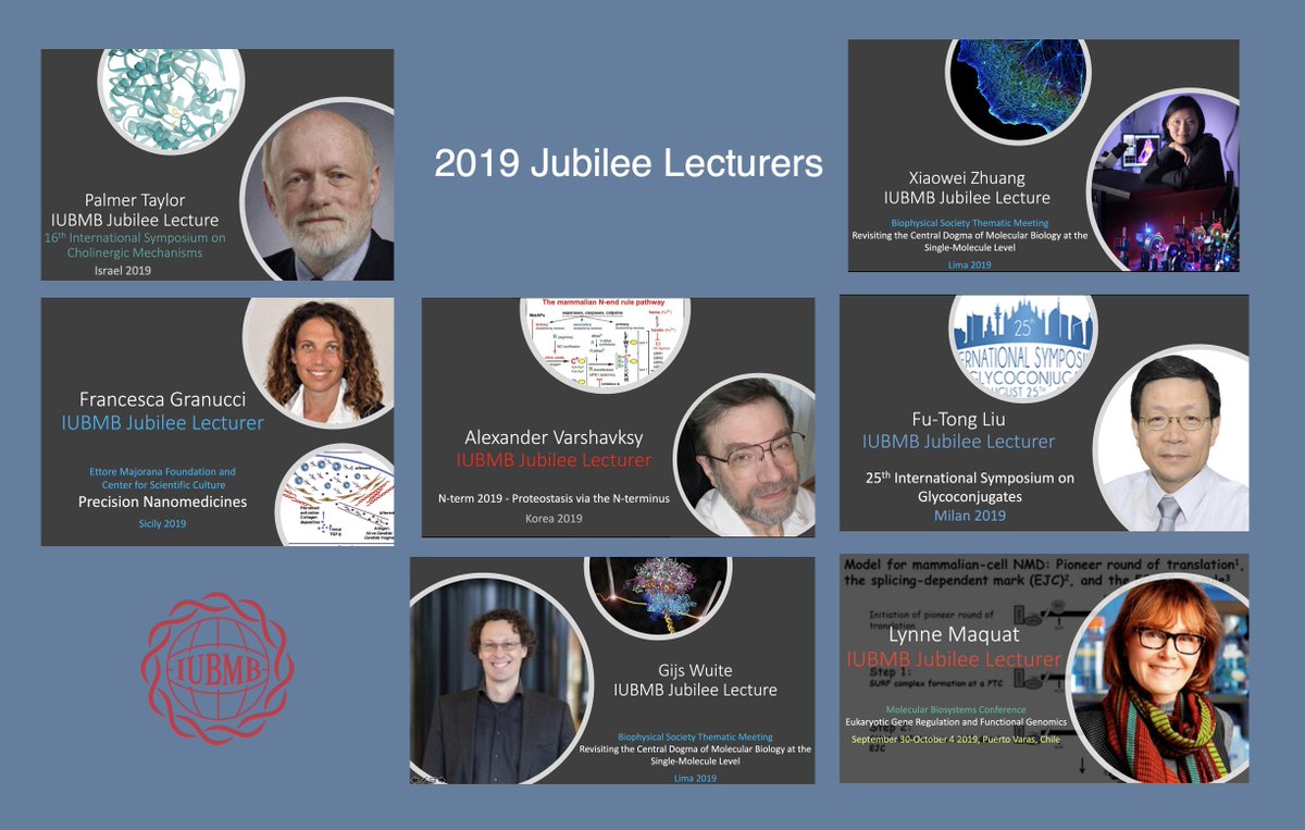 iubmb's tweet photo. Congratulations to the 2019 Jubilee Lecturers, presenting plenary talks at meetings in Israel, Peru, Italy, Korea, and Chile @SocBioquimica @BiophysicalSoc @molbiosystems @FEBSnews @FEBS_Letters #nterm2019 https://t.co/Kg2USC8WXu