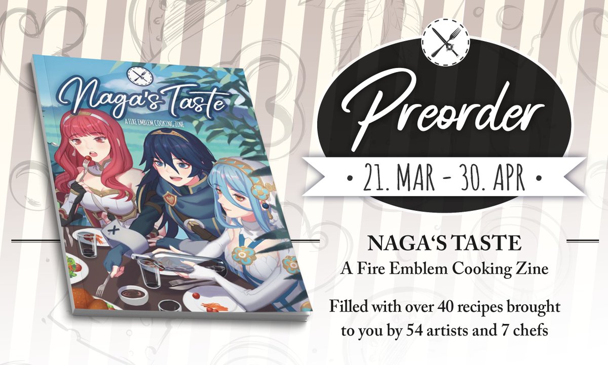 FEfoodzine's tweet photo. NAGA'S TASTE: A Fire Emblem Cooking Zine is now available to preorder until April 30th!! RT this post to enter a giveaway - more info in the replies below! All proceeds from this zine will be donated to Feed My Starving Children.

PREORDER THE ZINE HERE: https://t.co/qsvW3YWJXW https://t.co/YA4GaPVnUa