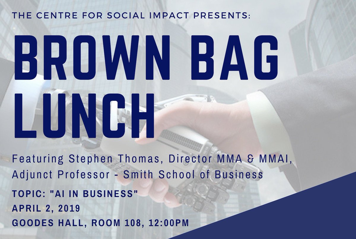 SmithBusiness's tweet photo. Interested in learning more about #AI in Business? Then @SSBsocialimpact's next #BrownBagLunch is for you! Featuring Dr. @StephenThomas, Director #SmithMMA & #SmithMMAI, the lunch is taking place Tues. April 2 at noon in #GoodesHall 108. Register now: https://t.co/IG5yVMnBQR https://t.co/Qseu6udYSS