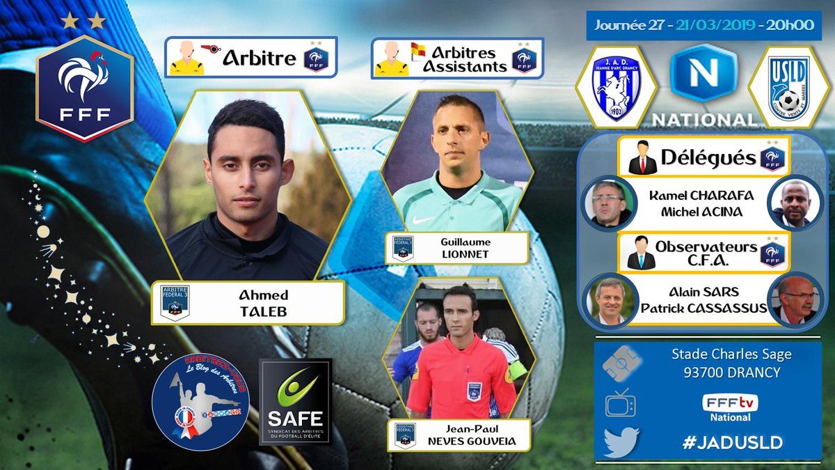 ArbitrezVous's tweet photo. #FFF #NationalFFF
⚽️ | @JA_DrancyOff 🆚 @usldunkerque 
#⃣ | #JADUSLD
📆 | 21 mars 2019
🕘 | 20H00
🏟️ | Stade Charles Sage - DRANCY 
📺 | FFFTV
😃 | Les arbitres de la rencontre
@ArbitresSAFE @FFF @footnational @HommeEnNoir_ @LesHommesEnNoir @deux_zero https://t.co/y5fHB15FIP