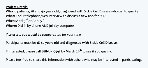 HOPEforSCD's tweet photo. @HealthiVibe is conducting research interviews with 18-40 year old #sicklecell patients regarding a new app...reimbursement provided, check it out! Call to see if you qualify https://t.co/UWmhR0b1VJ