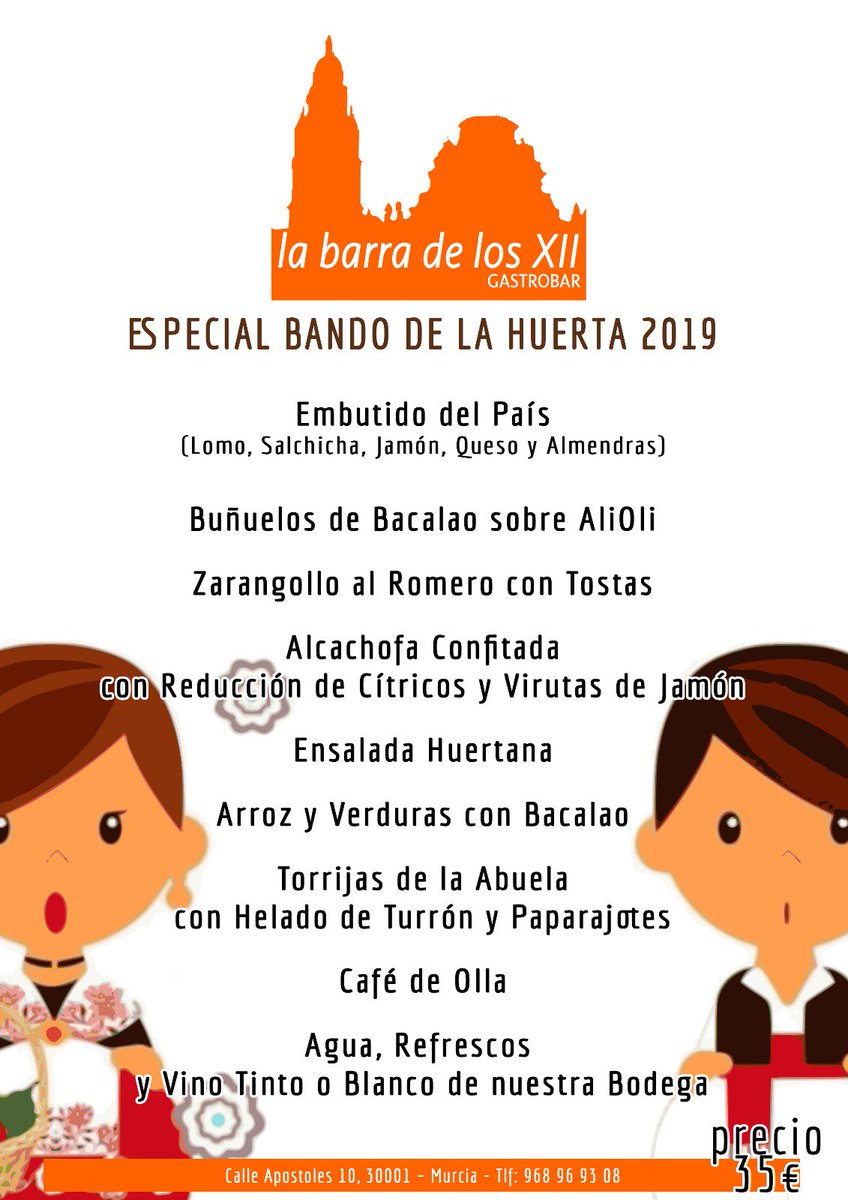 LaBarradelosXII's tweet photo. Estupendo menú para celebrar el día más especial para todos los murcianos y murcianas, si preocuparse más que por disfrutar de nuestra cocina tradicional. Info y Reservas: 968969308 #bando2019 #murciaquehermosaeres #tapeando #enfrenticodelacatedral https://t.co/t8R2n0azrA