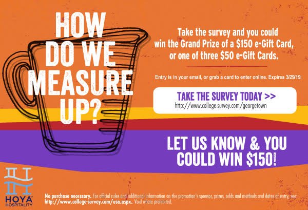 GUAuxiliarySvcs's tweet image. Take the Dining Styles Survey today for a chance to win $150!
college-survey.com/Default?UID=ge…