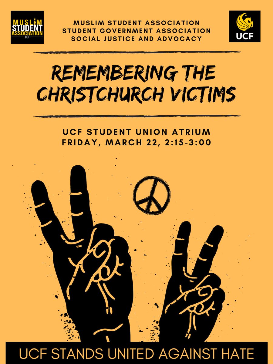 Tomorrow <a href="/UCF/">UCF</a> is coming together to remember those violently murdered in NZ simply because of their religion. We hope you can make it out to stand together as one. #StrongerTogether