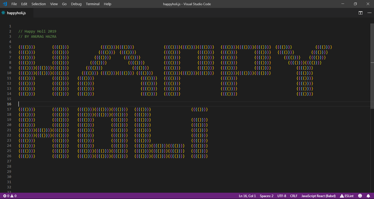 anuraghazru's tweet image. Happy holi to everyone, have a very beautiful and colorful holi this year. 
gist: gist.github.com/anuraghazra/ef…
#HappyHoli2019 #happyholi @shiffman @thecodingtrain #codingrainbow