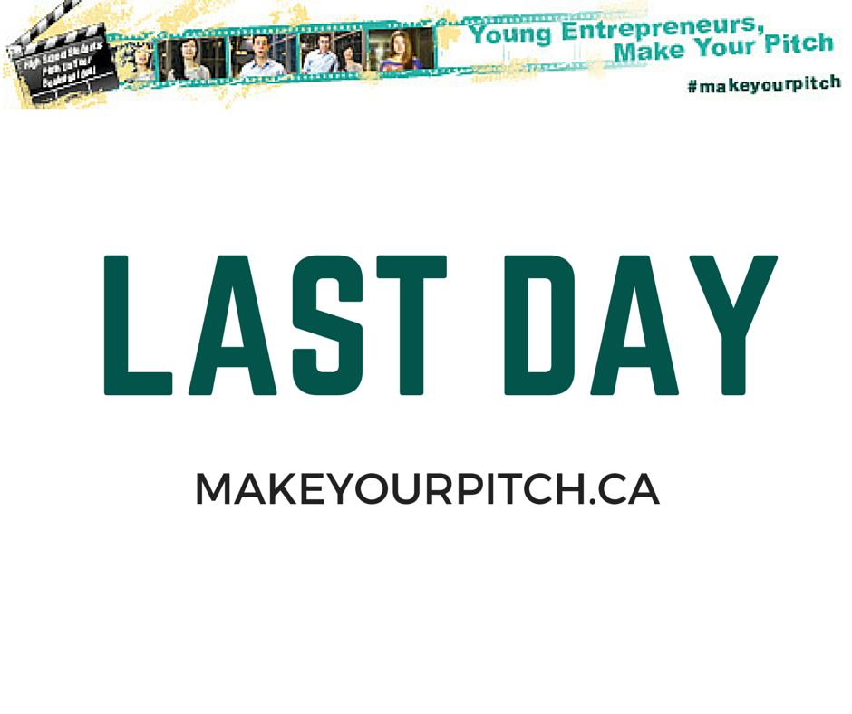 MakeYourPitch's tweet photo. Attention all Young Entrepreneurs! There is ONE day left until our application deadline! If you’re having any issues uploading, make sure that you reach out to us at support@makeyourpitch.ca https://t.co/hncsbpWXFt