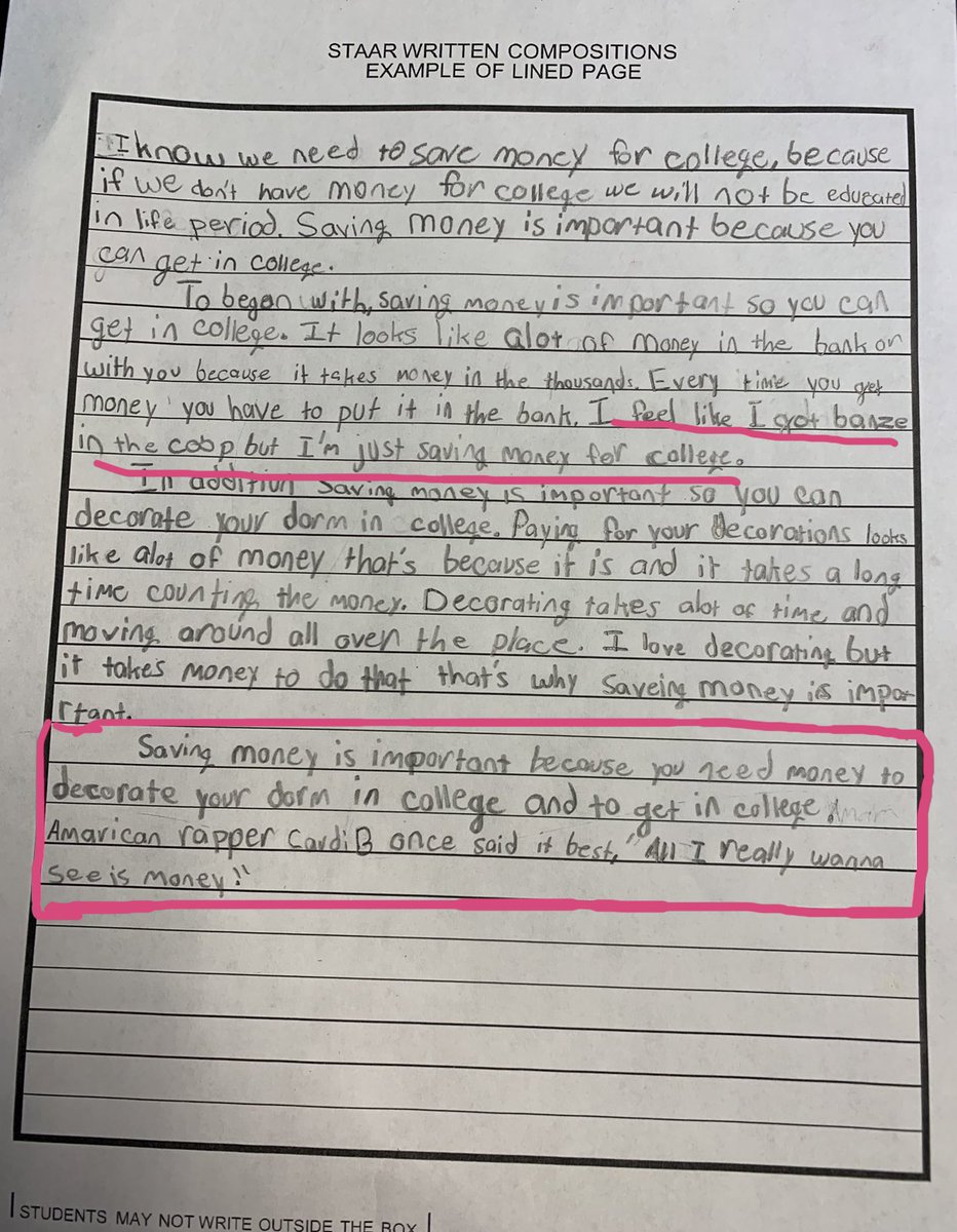 CREWatDISD's tweet photo. THANK YOU @iamcardib for inspiring our kids to save money for COLLEGE!! #money #4thgradewriting #CardiB https://t.co/SBR6BbJ5eP