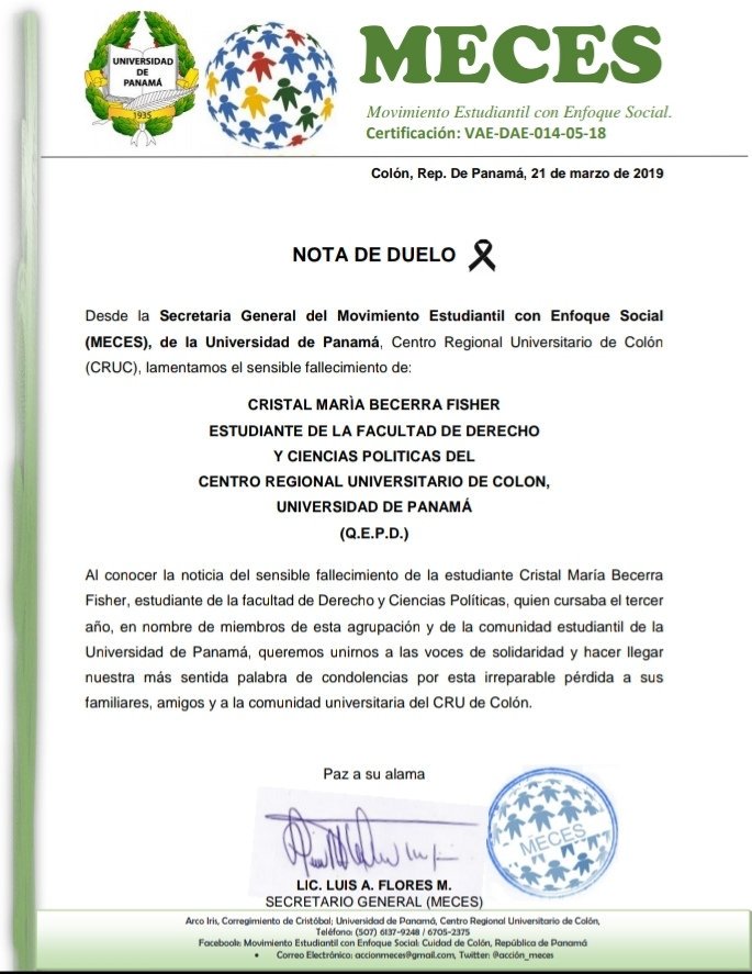 accion_meces's tweet photo. Nuestras más profundas condolencias por la irreparable pérdida de Cristal María Becerra Fisher, estudiante de la facultad de derecho y ciencias políticas del CRU de Colón. Paz a su Alma.
#MECES, #MecesInforma, #Solidariospresentes, #CRUC, #UdeP, #CrudeColon, #luto, #Derecho https://t.co/jWbWlIelys