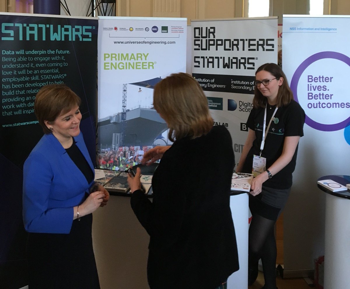susan_scurlock's tweet photo. Wonderful to share our @Statwars_ competition and #statwarriors story with @NicolaSturgeon today @DataFest_ with @GillianDoc @primaryengineer https://t.co/dXqGD3oaFj