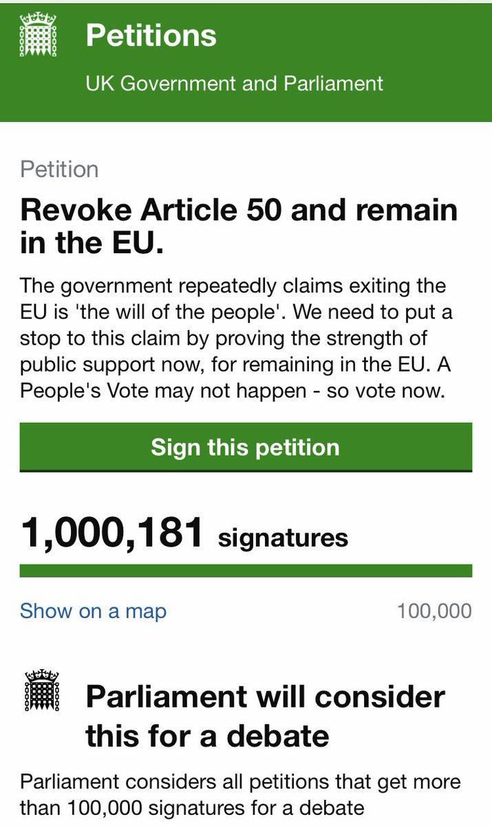 gandama2uco's tweet image. In less than 24h, this has become the fastest petition to ever reach 1 million signatures.
Makes you wonder why none of the 2 major parties in the UK stand behind what is clearly the will of the people.
Who's representing the majority now?
#Brexit #RevokeArticle50 #RemainInTheEU