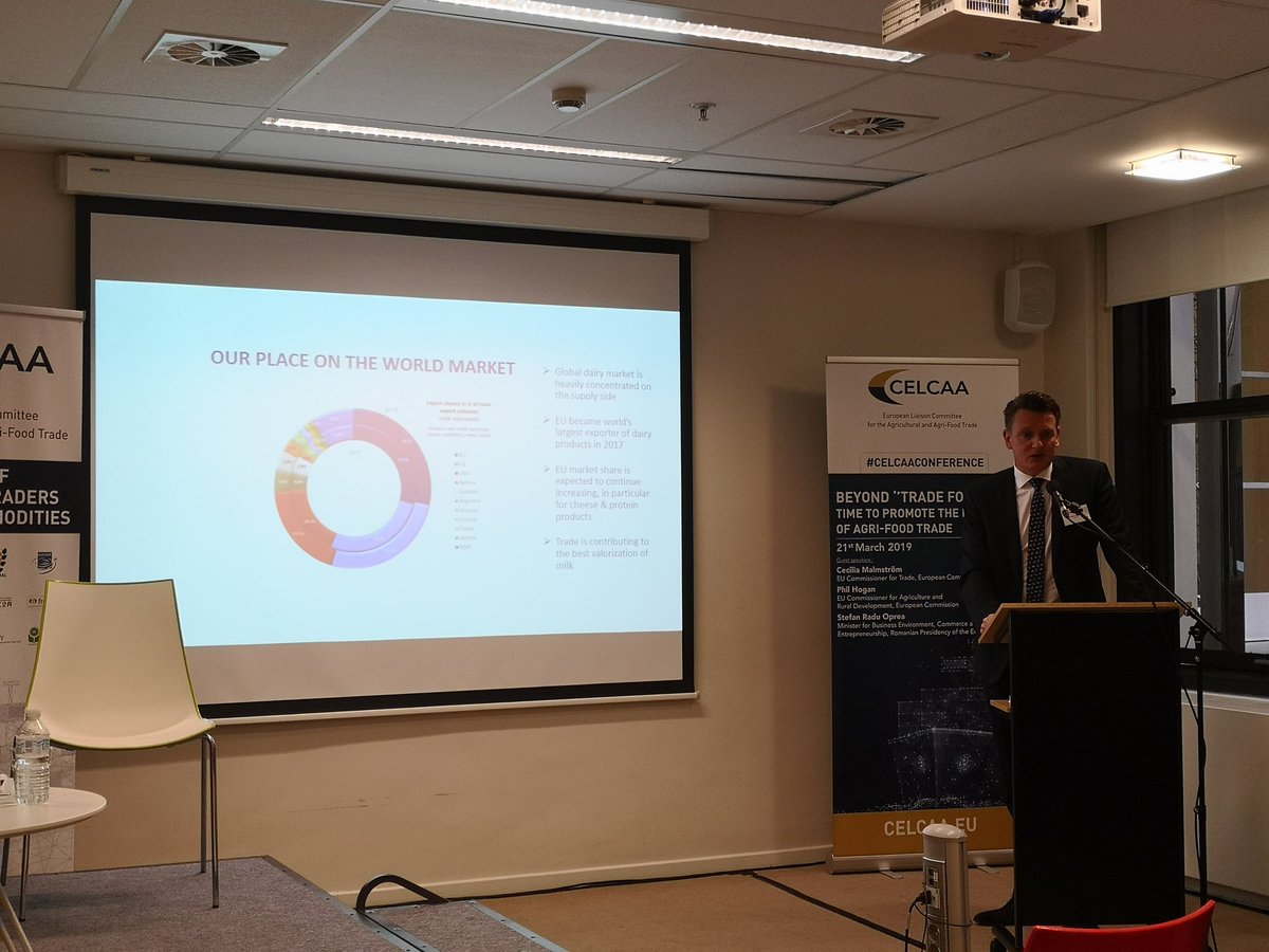 JukkaLikitalo's tweet image. Marcel van der Vliet from @VanDrieGroup flying the @Eucolait flag at #celcaaconference. Exports and a functional single market are both crucial for the EU #dairy sector. Trade contributes to the best valorisation of #milk #keepthemilkmoving