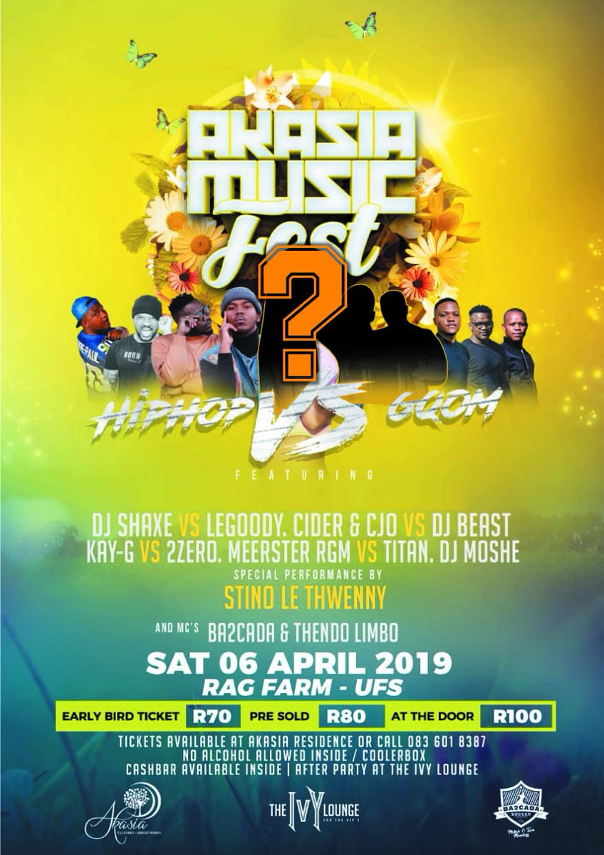 Azahlia2's tweet photo. #AkasiaMusicFest19 is coming up on 6 APRIL 2019 in Bloemfontein 
To be eligible to win the Belgravia  double VIP tickets : 

° You must get both Acts correct. 
° First person to guess both Acts , correct wins.
° Everyone can partake. 
° Answer should include  "
@anda_maneli https://t.co/i0XrzzrZ3H