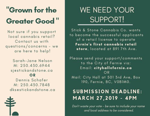 Thank you ⁦<a href="/CityofFernie/">City of Fernie</a>⁩ for moving ahead with public input for our application!! #stickandstone #grownforgreatergood