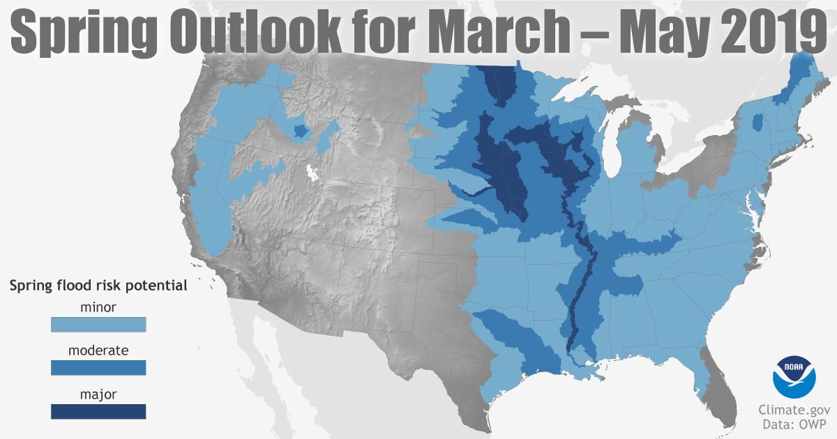 NOAAClimate's tweet photo. The @NOAA #SpringOutlook 2019 was released today. Almost all of the eastern United States faces flooding risk and much of the country also faces increased chances of more precipitation than usual this spring. Find out more: https://t.co/j82S1HbQHJ https://t.co/PWLVebnFEW