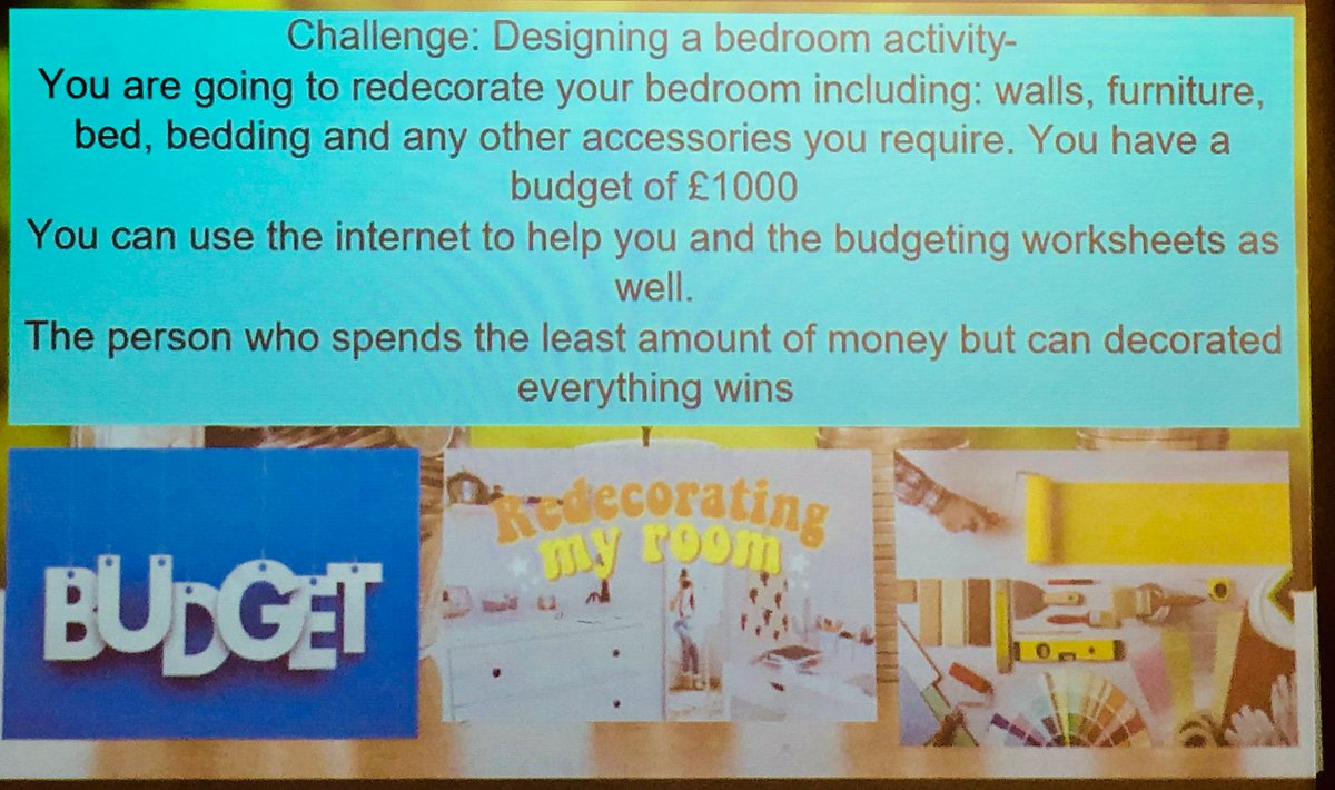 DaubeneyLS's tweet photo. Our lifeskills students became interior designers today 👩‍🎨. 
They designed a trendy room with a £1000 budget. Students clearly outlined expenditure is on our fantastic budgeting sheets 🧾🏠 #deepenyourlearning #budget #interiordesign #money #lifeskills https://t.co/fB7un5JaQQ