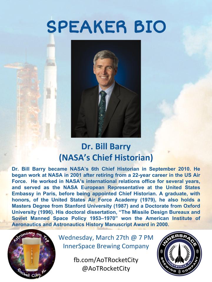 We are excited to be hosting NASA's Chief Historian at our AoT Rocket city event next Wednesday! Here is a bit about him! Come join us for a pint! #astronomyontap #AoTRocketCity #History #Apollo50 #Apollomission