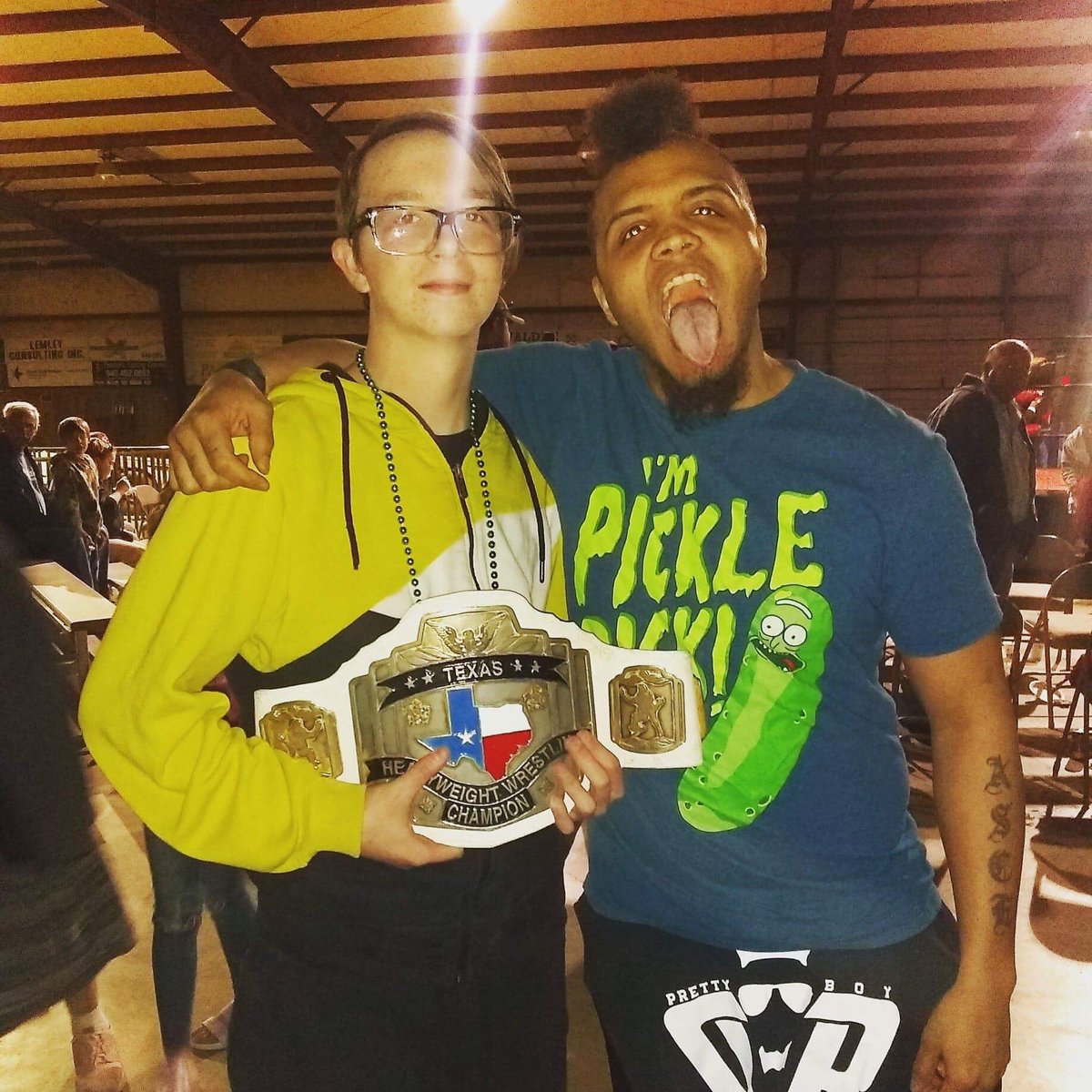 PbJayAsce's tweet photo. I love all my fans but this kid here (I call him specs) has always been one of my biggest supporters and he's one of my fav people to see. 
#prettyboy 
#prettyinc 
#prowrestling 
#fans
#picklerick
#champion
#dfwallprowrestlingacademy 
#mwpw https://t.co/gB6k4ulnpI