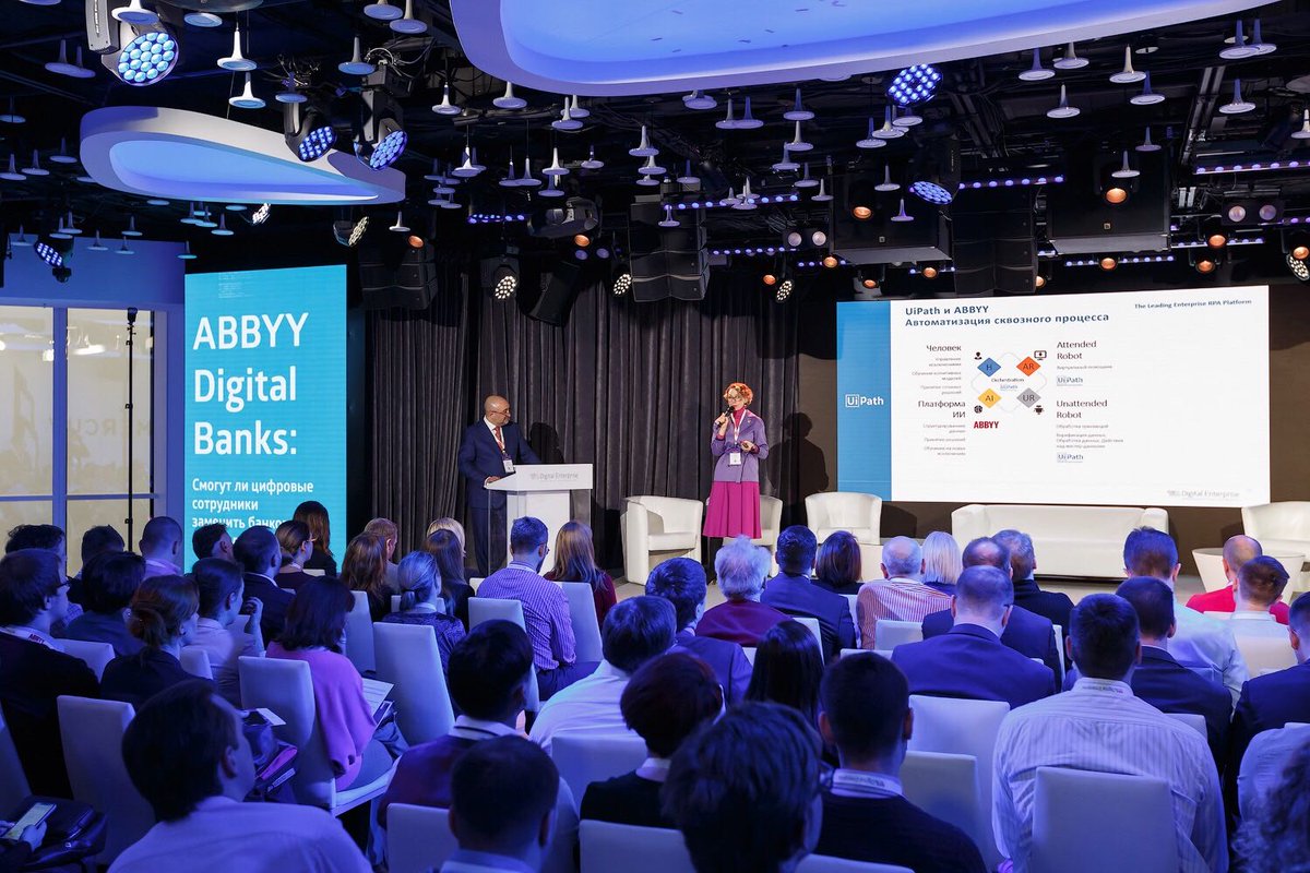 UiPath's tweet photo. Insightful use case on how #RPA can accelerate the processes in the Banking Sector with UiPath’s Svetlana Arkhipkina and our customer, VTB Bank, at @ABBYY_Software's Digital Banks Conference in Moscow. https://t.co/HgIi0t4dPB