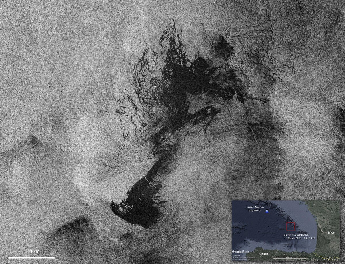 ESA_EO's tweet photo. Captured on 19 March by the @CopernicusEU #Sentinel1, this image shows the oil spill from the #GrandeAmerica vessel. The Italian ship, carrying 2200 tonnes of heavy fuel, caught fire &amp; sank in the Atlantic, about 300 km off the French coast, on 12 March.
https://t.co/92nWfhzhS3 https://t.co/81WRxp2W6q