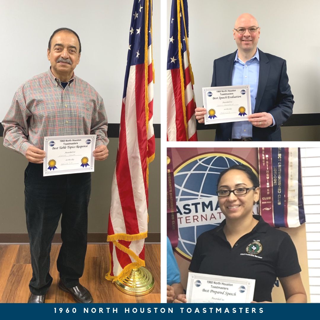 1960toastmaster's tweet photo. Outstanding job this week Zafar, Drew and Karina! Congrats on achieving #BestTableTopics, #BestSpeechEvaluation, and #BestPreparedSpeech! 👏
.⠀
#Toastmasters #Houston #PublicSpeaking #Leadership #PersonalDevelopment #ProfessionalDevelopment #Empowerment  #fun #congrats https://t.co/ahETBV7VzD
