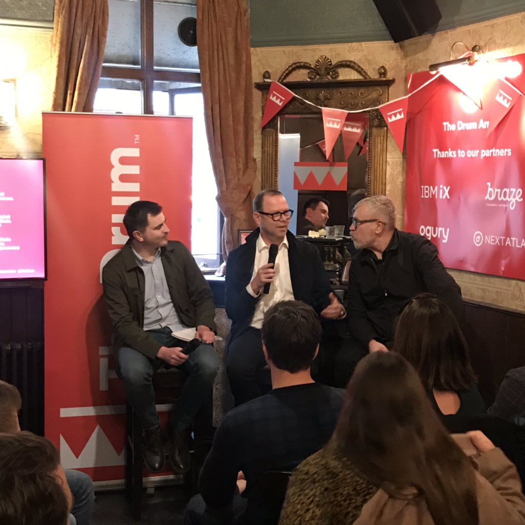 TheDrum's tweet photo. Telling the story behind the pitch process for @GuinnessGB surfer. Andy Fennell @bloom_ expresses his shock that Walter Campbell @AMV_BBDO doesn’t drink. “And you want to pitch for a beer brand?!” #TheDrumArms #AWE2019 https://t.co/RyiR39FUgP