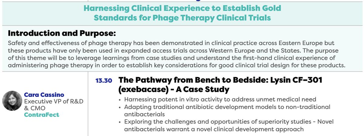 ContraFectCorp's tweet image. ContraFect CMO &amp;amp; EVP R&amp;amp;D presents @ #BacteriophageTherapy Summit (3/27) Boston: sharing learnings/analysis on #exebacase and #phagetherapy to speed clinical development
ir.contrafect.com/press-releases…