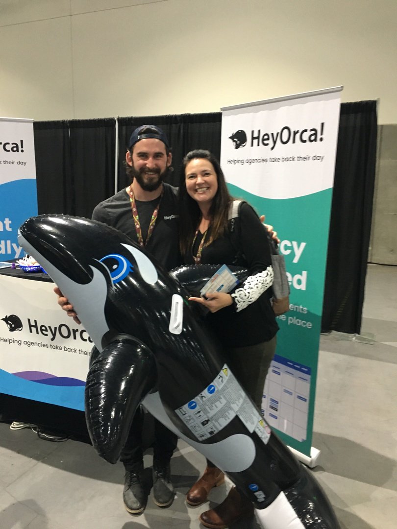 HeyOrca's tweet photo. We ❤️ LOVE❤️ meeting our customers! Our product manager, Jacob, caught up with Megan Steffen from @untappedmediaco bright and early this morning!

Come check us out at table top 9!

#SMMW19
@PITCHJ1 @happygrape https://t.co/3gALjUj7ha