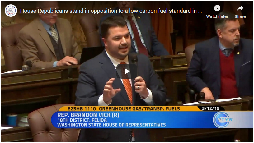 WFRW's tweet image. Floor fights show WA Republican legislators working hard for taxpayers. HB 1110 would impose a low carbon fuel standard program less than a year after voters overwhelmingly rejected it. 
#waleg #CarbonTax @WaHouseGOP @jtwilcox111 @brandonvick