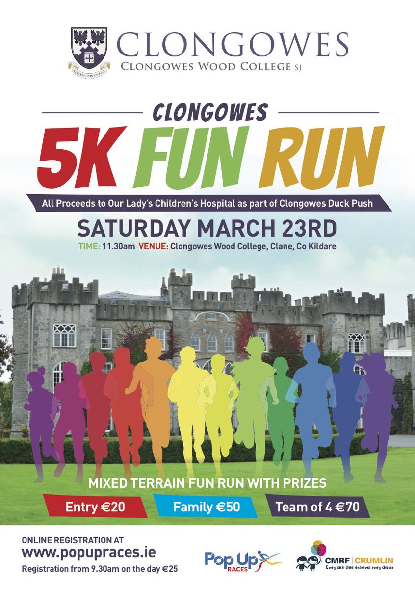 clongowes's tweet photo. Join us for the Clongowes 5km Fun Run this Saturday 23rd at 11.30am. The event is part of the Transition Year #Duckpush to raise funds for medical equipment for @CMRF_Crumlin. Register on the day from 9.30, run this unique track and be in with the chance to win some great prizes. https://t.co/cbFUSDqiAL