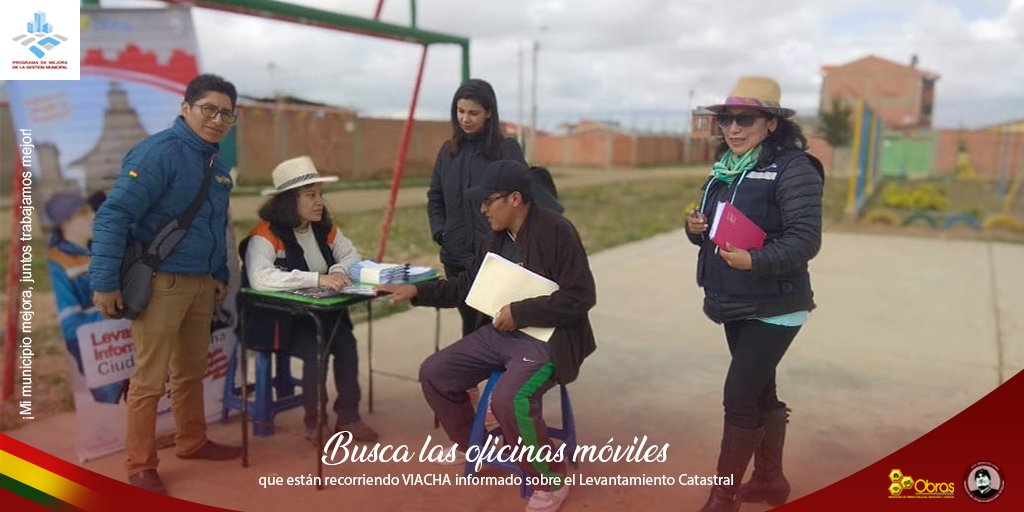 PMGM_CII's tweet photo. Vecino Viacheño nuestras oficinas móviles se encuentran a tu disposición para consultas sobre el Levantamiento Catastral, recuerda que nuestros técnicos están debidamente identificados

#MiMunicipioMejora 
#JuntosTrabajamosMejor

@mopsv_Bolivia
@mincombolivia
@evoespueblo https://t.co/rQHcYfiiRj