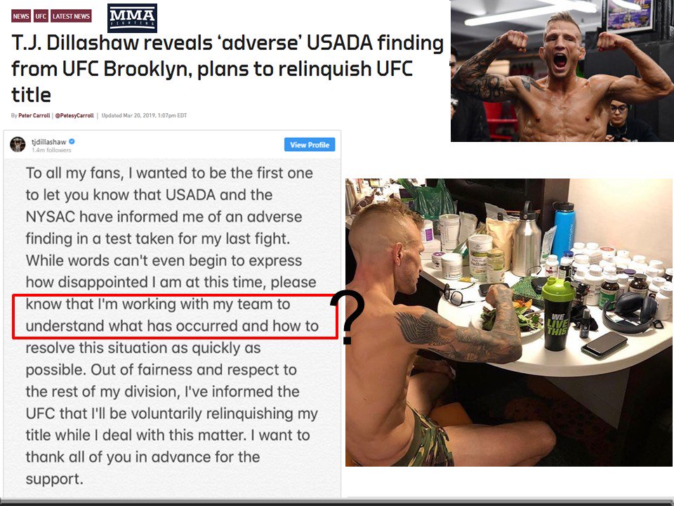 TStellingwerff's tweet photo. Thanks @EricRawsonPhD for heads up on the this photo.  Perhaps it was TJ's salad that caused the drugs positive?  Or perhaps it was one of the 35 different containers in front of him.  I needed a new slide on the risks of supplements - this is perfect. https://t.co/OF7fr8Cf7e