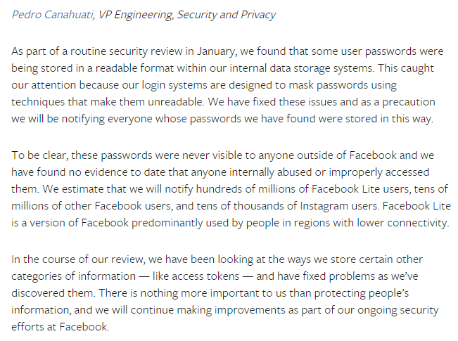 CBCAlerts's tweet photo. A Facebook post today says the social media giant for years stored hundreds of millions of user passwords in unprotected plain text formats that would have been accessible by employees. Facebook says it has no reason to believe anyone used the cache inappropriately. Post here: https://t.co/n7XiNMgt11