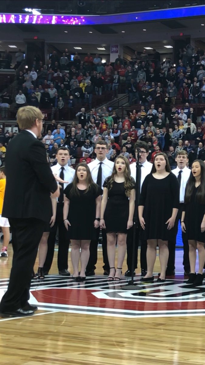 KrisDBlanton's tweet photo. Another amazing performance of the National Anthem by the WUHS Choir at the boys state basketball tournament. They are honored to get to come back and sing here again #wupad @OHSAASports @braxton616 https://t.co/QbkAUNtYhI